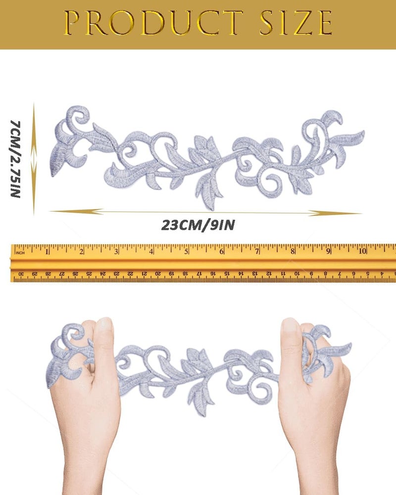 MSCFTFB 6 Pieces Metallic Leaves Embroidered Iron on Patch Flower Vine Border Lace Applique Long Scroll Motif for Dress Pillow Sewing Accessories Embellishment (Silver) - Image 1